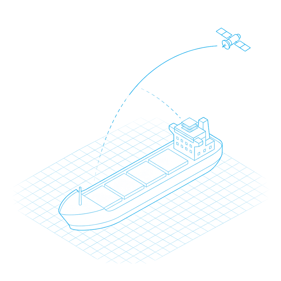 A ship at sea linked to a satellite, the connection restored