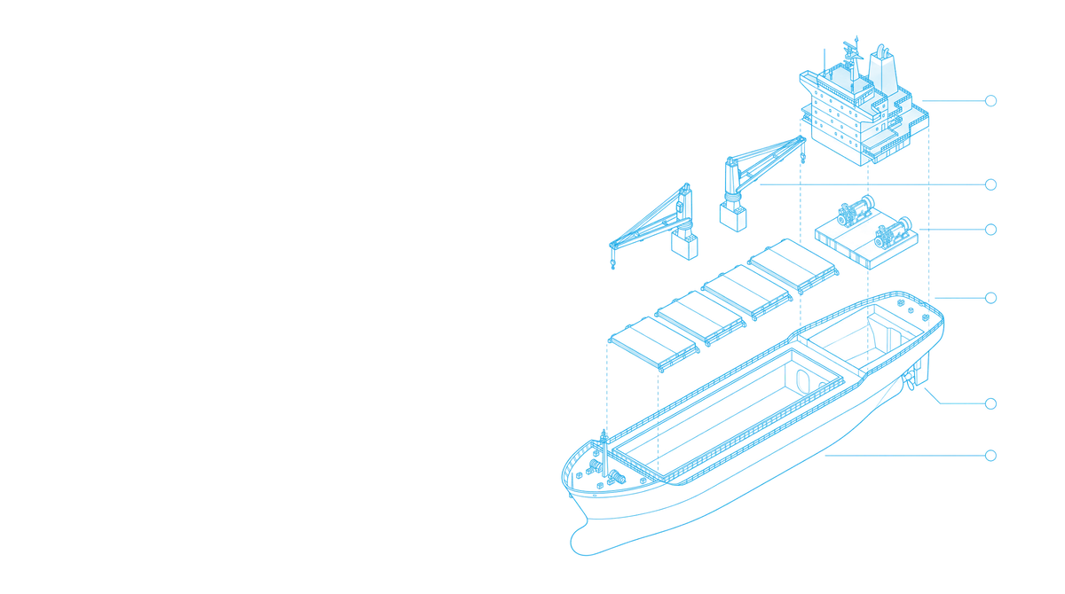 Exploded technical drawing of a cargo ship: accommodation, cranes, engine room, hatch covers and hull