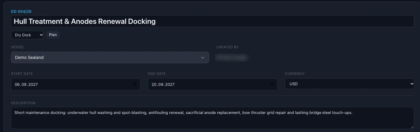 Project card for a dry docking with vessel, dates, currency and description of the work